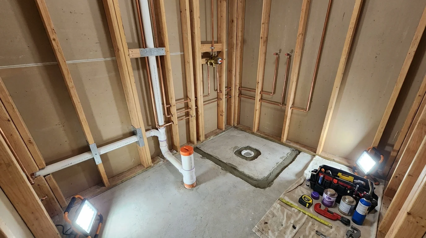 Bathroom rough-in plumbing during remodel by Johns Plumbing LLC in Hatch