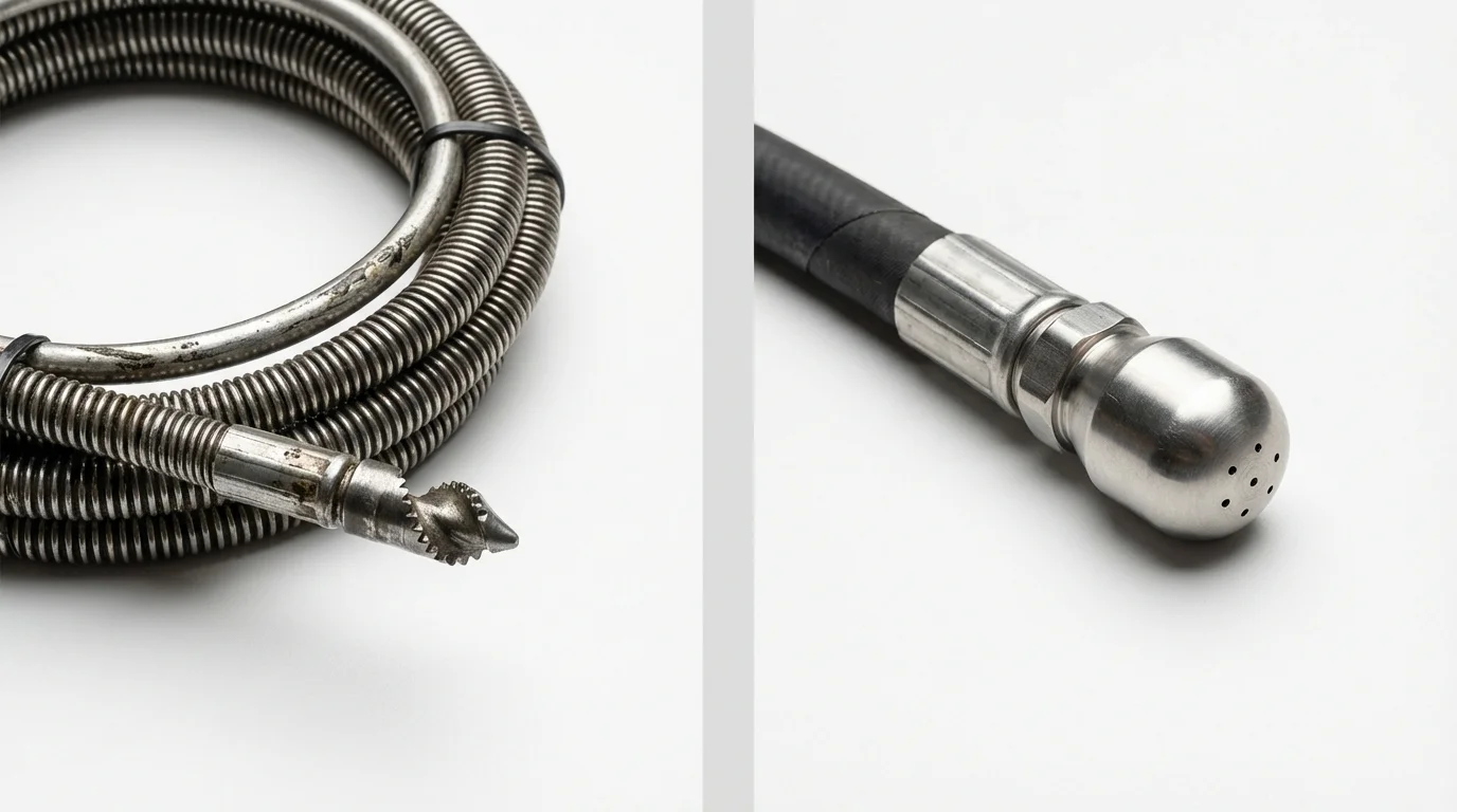 Drain snake cable and hydro jetting nozzle used for drain cleaning in Hatch, NM