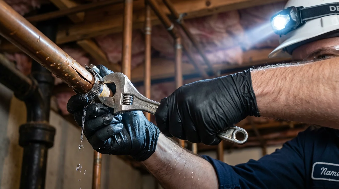 Emergency pipe clamp repair being performed by a Johns Plumbing LLC plumber in Hatch