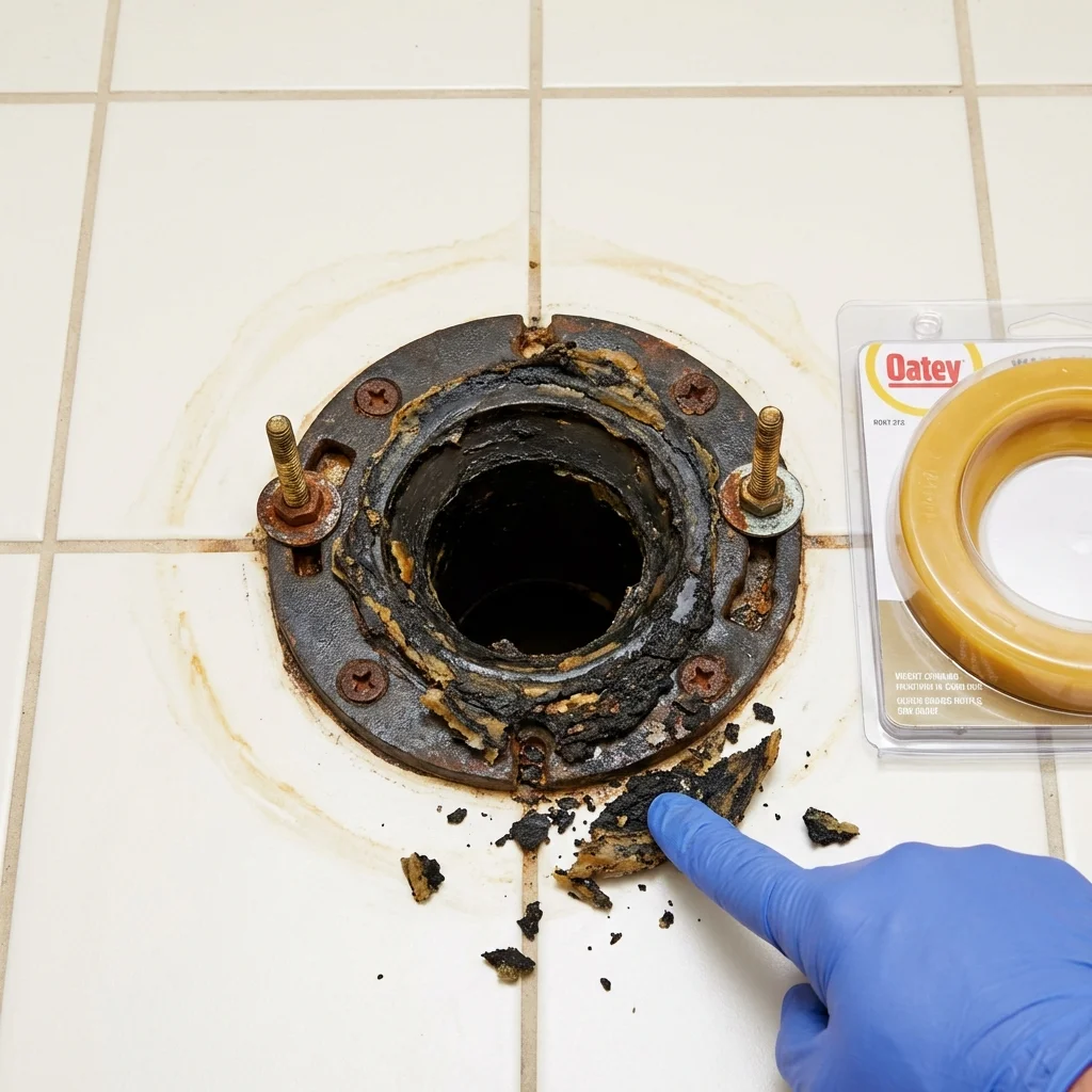 Failed wax ring showing water seepage at the base of a toilet in a Hatch, NM home