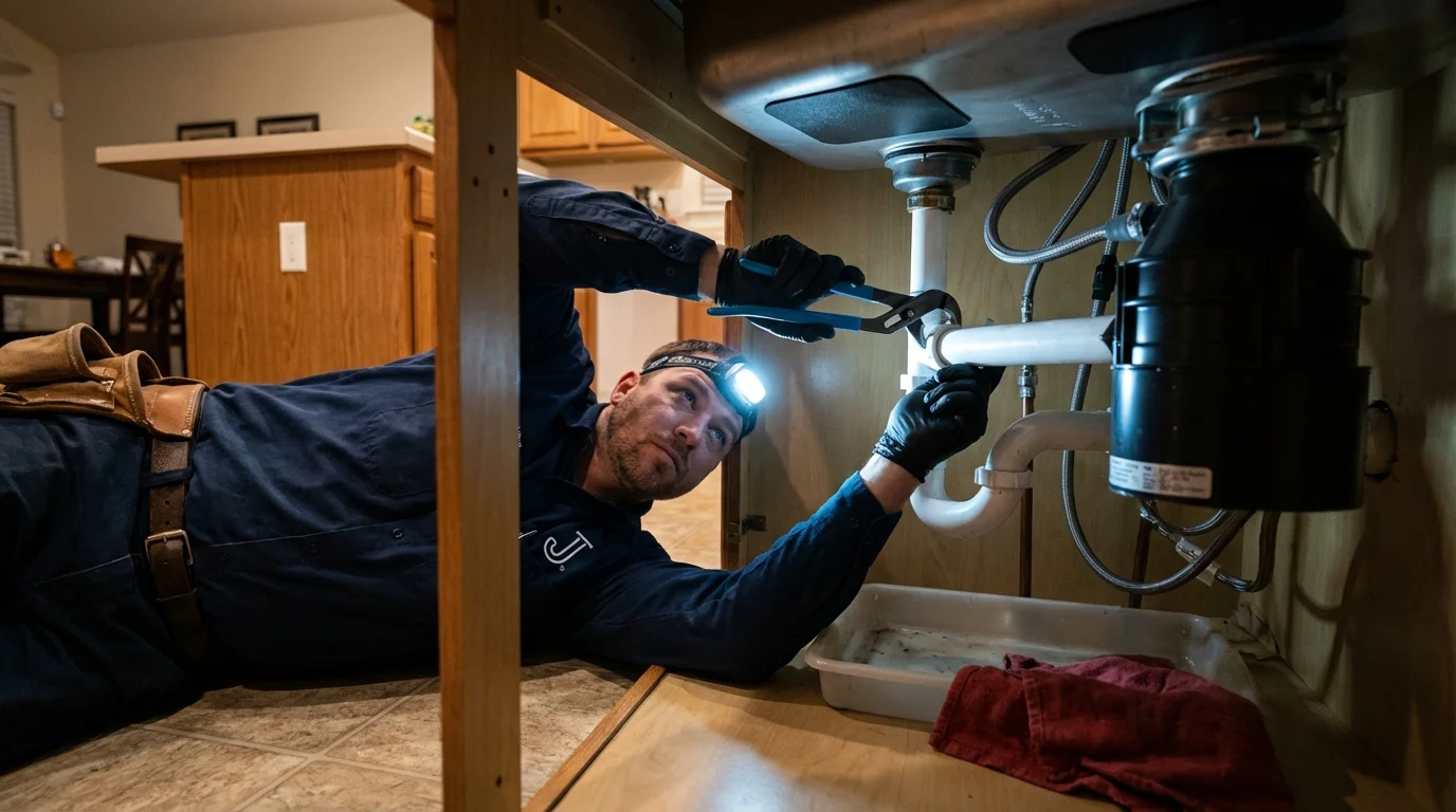 P-trap and supply line connections under a kitchen sink showing a common leak point in Hatch, NM